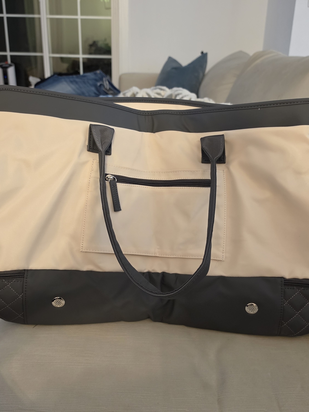 Two-Tone Beige and Black Travel Tote Bag